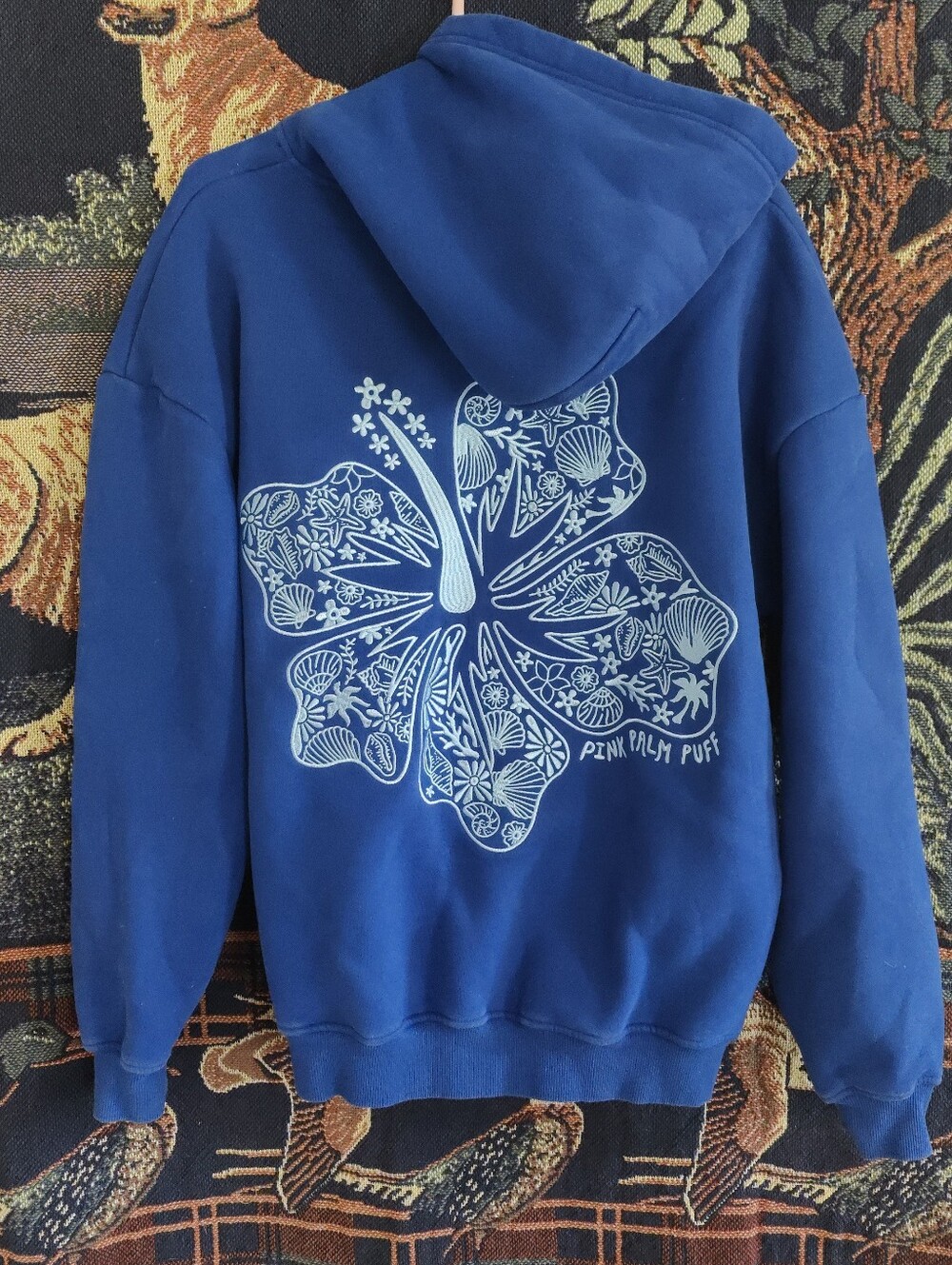 Pink Palm Puff Large Hoodie Oceanic Blue